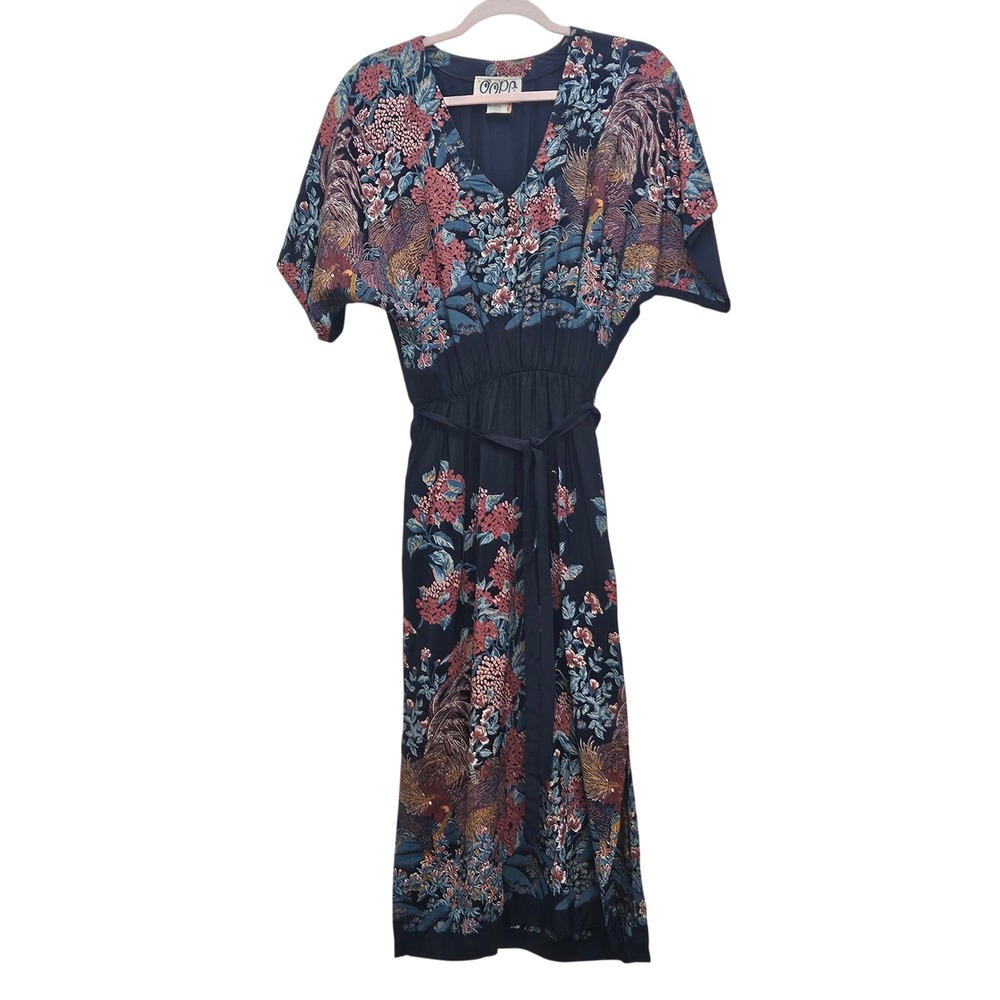 Vintage 80s Oops California Rayon Floral Rooster Midi Dress Navy Dolman Boho 5/6